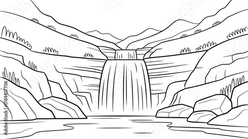 Black and white sketch of a majestic waterfall cascading down rocky cliffs into a serene lake