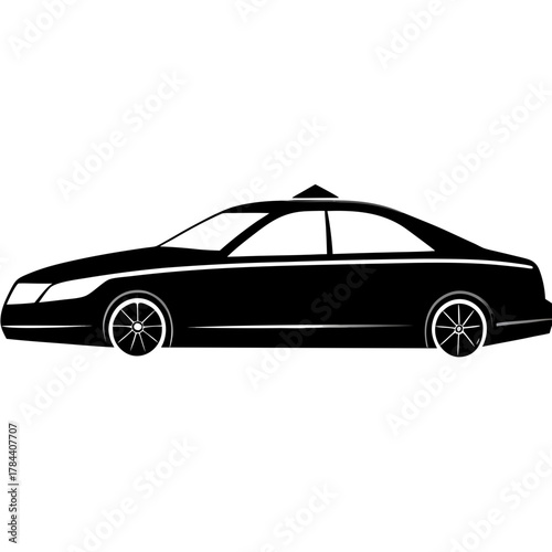 Sleek black luxury sedan car silhouette with tinted windows and chrome accents on white background