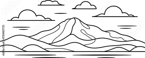 Minimalist outline drawing of a majestic mountain with clouds