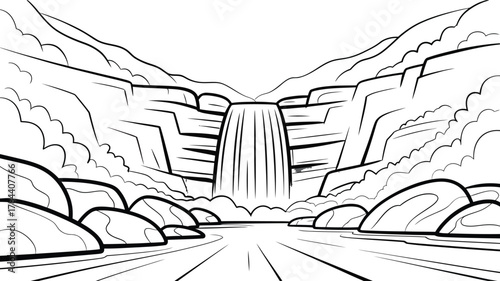 Black and white sketch of a majestic waterfall flowing between rocky cliffs