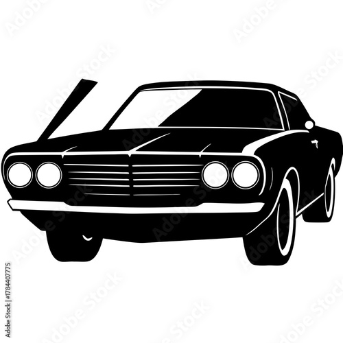 Classic american muscle car silhouette with hood open front view black and white