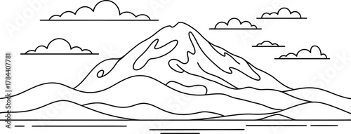 Minimalist outline drawing of a majestic mountain with clouds