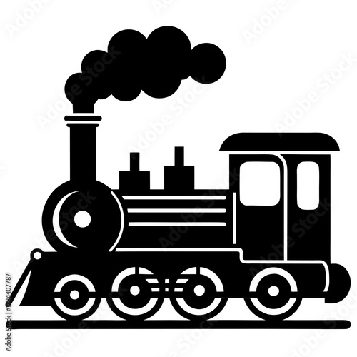 Classic steam locomotive with billowing smoke in a simple black silhouette on a white background