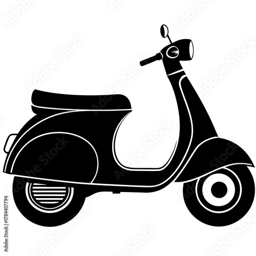 Classic black and white silhouette of a vintage scooter on a white background