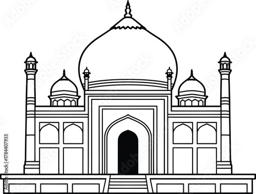 Black and white line drawing of the iconic taj mahal monument