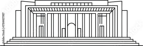 Architectural drawing of a grand building with columns and a wide staircase