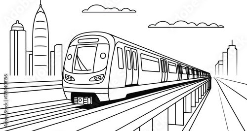 Modern metro train speeding through cityscape with buildings and clouds