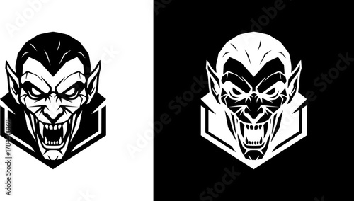Logo Vector illustration of a menacing vampire head with sharp fangs and an evil grin, designed as a powerful mascot emblem for a sports team or gaming clan