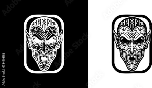 Fierce vampire head illustration with demonic fangs, a terrifying graphic icon. Black and white monster face perfect for a logo or tattoo design