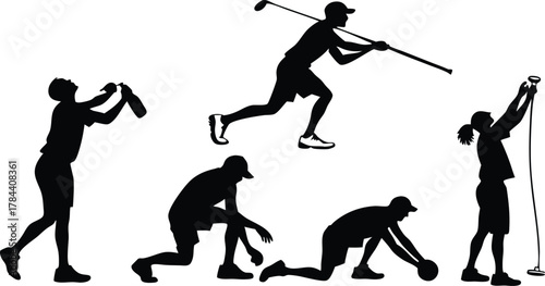 Dynamic golfers in motion practicing with clubs, silhouettes illustrate athleticism and precision, perfect for sports marketing