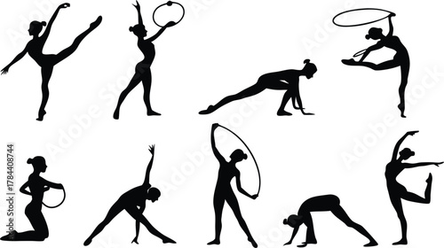 Dynamic rhythmic gymnastics silhouettes showcase athletic prowess, flexibility, and grace in artistic movements