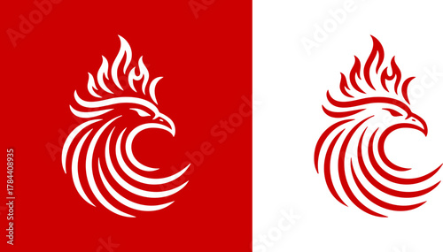 Majestic phoenix or eagle head logo engulfed in flames. A powerful vector graphic symbol of fire, strength, renewal, and spirit