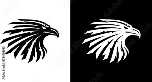 Logo Fierce eagle head mascot vector graphic. A powerful bird of prey symbol shown in both positive and negative space for a team emblem or brand identity