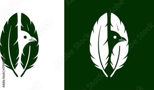 Creative logo design featuring a bird's head silhouette nestled between two stylized feathers, symbolizing wildlife, nature, and elegance