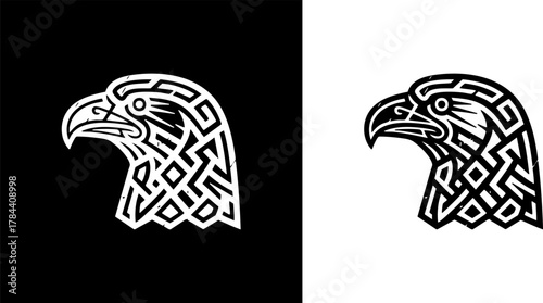Logo Majestic Eagle Head Profile with Intricate Celtic Knotwork Design, a Powerful and Stylized Symbol of Ancient Artistry and Strength for Graphic Projects