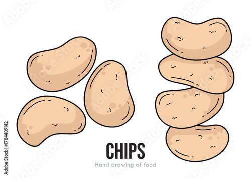 Illustration of potato chips, some scattered and others stacked up, with text.