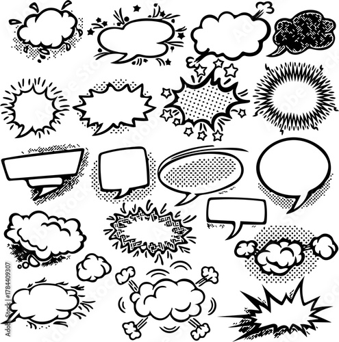 Hand-drawn collection of comic book style speech bubbles, thought clouds, and expressive explosion graphics, perfect for dynamic visual communication and creative storytelling designs