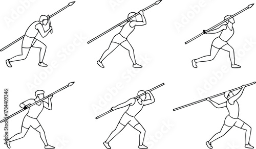 Athletics icon collection. Includes javelin throw, athletic poses, sports movements. Created in line style with black and white palette.