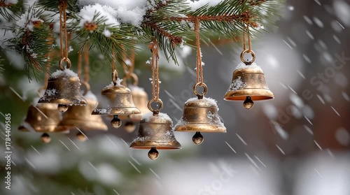 Golden bell decoration hanging from snowy pine branch with snowfall creating peaceful winter holiday atmosphere and festive snow covered hanging
