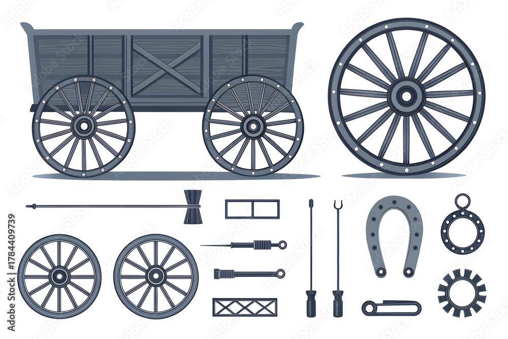 Fototapeta premium A vintage wooden cart construction set. Vector illustration of a wagon with individual repair parts like wheels, tools, and a horseshoe for assembly. Generative Ai.