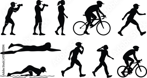 Dynamic people silhouettes in action sports for fitness lifestyle and competitive athleticism, vector art for design projects
