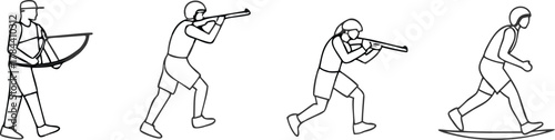 Dynamic line art depicting a spearfishing sequence, from bow to underwater hunt, perfect for sports or adventure visuals