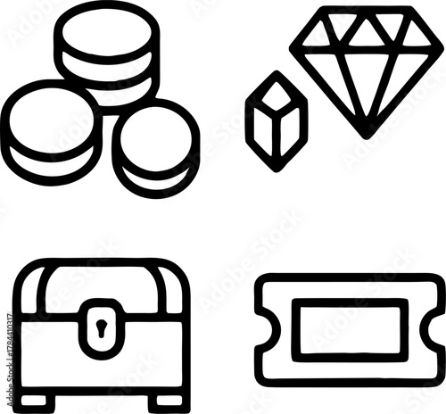 Game assets for treasure hunt quests and rewards with coins, diamonds, treasure chest, and ticket for adventure games