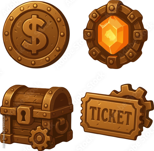 Collectible steampunk game assets money, gem, treasure chest, ticket, ideal for app or mobile game development, rewards and achievements