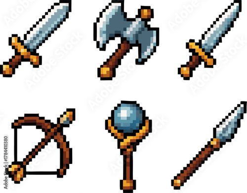 Pixelated fantasy weapons set for game design projects Sword, axe, dagger, bow, staff, spear for retro RPG adventure