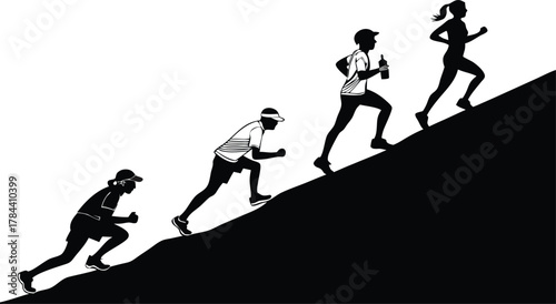 Dynamic silhouettes of runners conquering a steep hill, embodying endurance and determination in a minimalist design