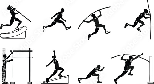 Athletics icon collection. Includes running, jumping, hurdle, pole vault, and throwing sport silhouettes. Created in minimalist style with black and white color palette.
