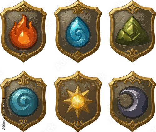 Fantasy game asset pack featuring elemental shields for UI, app design, and RPG development with fire, water, earth, wind, sun, and moon