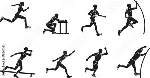 Dynamic Track and Field Sports Silhouettes Vector Set: Running, Sprinting, Hurdling, Pole Vault, and Javelin