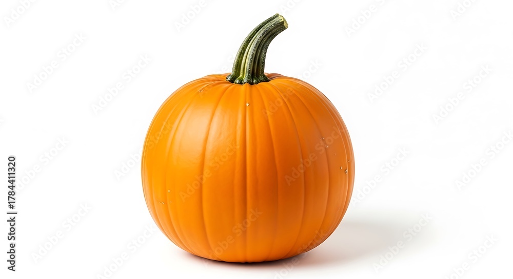 Obraz premium Vibrant Orange Pumpkin with Green Stem on White Background.