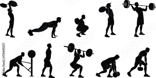 Dynamic silhouettes showcase diverse weightlifting exercises for ultimate fitness inspiration and workout motivation