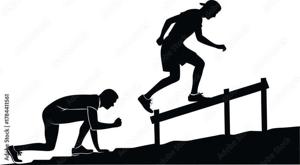 Naklejka premium Two athletes hurdle racing isolated on white background, vector silhouette illustration.