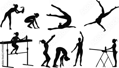 Dynamic gymnasts showcase athletic grace and powerful movement in a collection of silhouetted poses