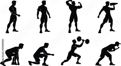 Dynamic male silhouettes showcase fitness, strength, and active lifestyle poses for health and wellness inspiration.