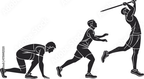 Dynamic athlete's javelin throw progression captures peak performance and athletic power in motion.