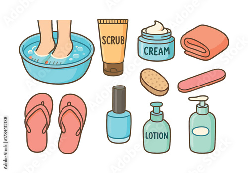 Vector Relaxing at-home pedicure essentials with scrub, cream, and accessories
