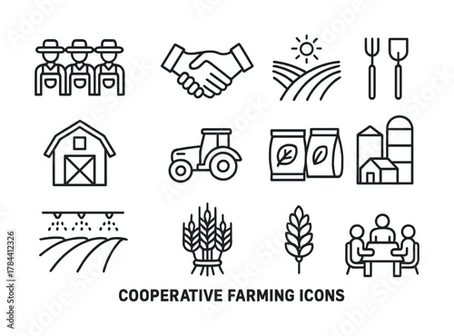 Cooperative farming icons: agriculture symbols and tools set