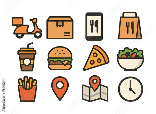 Food delivery icons: scooter, app, burger, pizza, salad, location, time