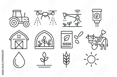 Agriculture technology icons: tractor, drone, irrigation, barn, greenhouse, seeds, cow, water, crop, sun