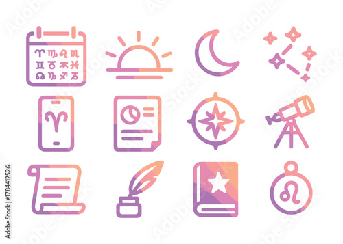 Astrology icons: calendar, sun, moon, zodiac, telescope, compass, scroll