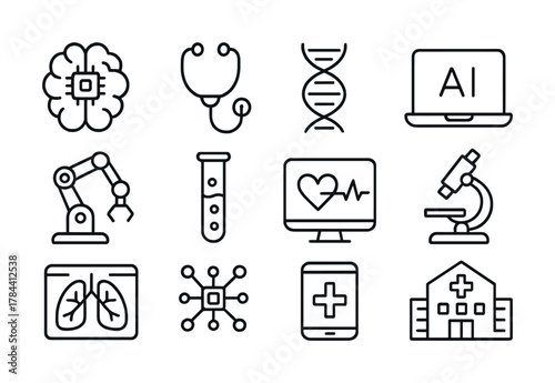 Medical technology icons: ai, genetics, robotics, and healthcare symbols