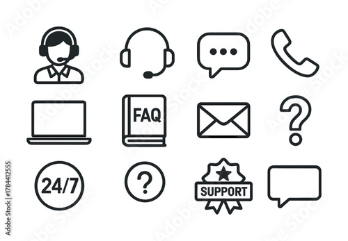 Customer support icons set: headset, faq, 24/7, email, chat symbols