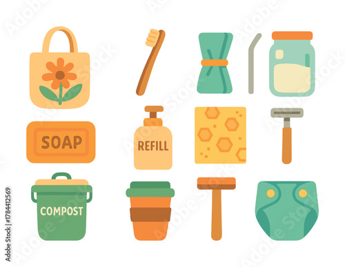Vector Eco-friendly lifestyle essentials: reusable bags, compost bins, refill bottles, bamboo brushes