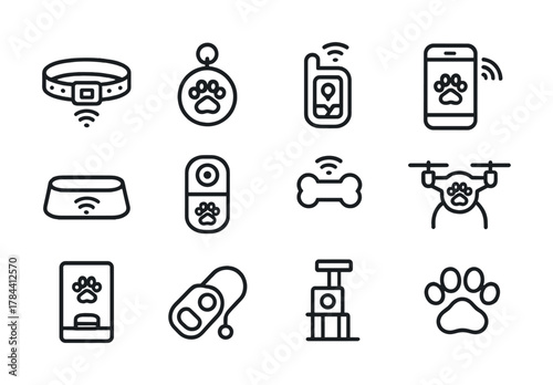 Smart pet accessories icons collection featuring gps collars and interactive toys