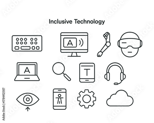 Inclusive technology icons: accessibility, gadgets, and devices for modern solutions