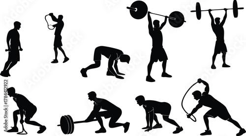 Dynamic silhouettes showcase diverse strength training exercises for fitness enthusiasts and athletes seeking motivation.